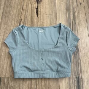 Alo Yoga Blissful Henley Bra Crop Top Small Scoop Neck Short Sleeve Sage Green